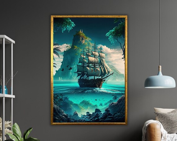 Ship In Sea Art Print Nautical Wall Decor Ready To Hang Ocean Painting Framed Coastal Art