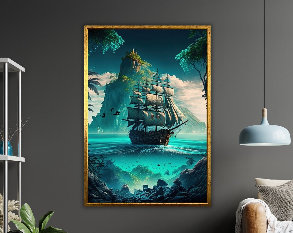 Ship In Sea Art Print Nautical Wall Decor Ready To Hang Ocean Painting Framed Coastal Art