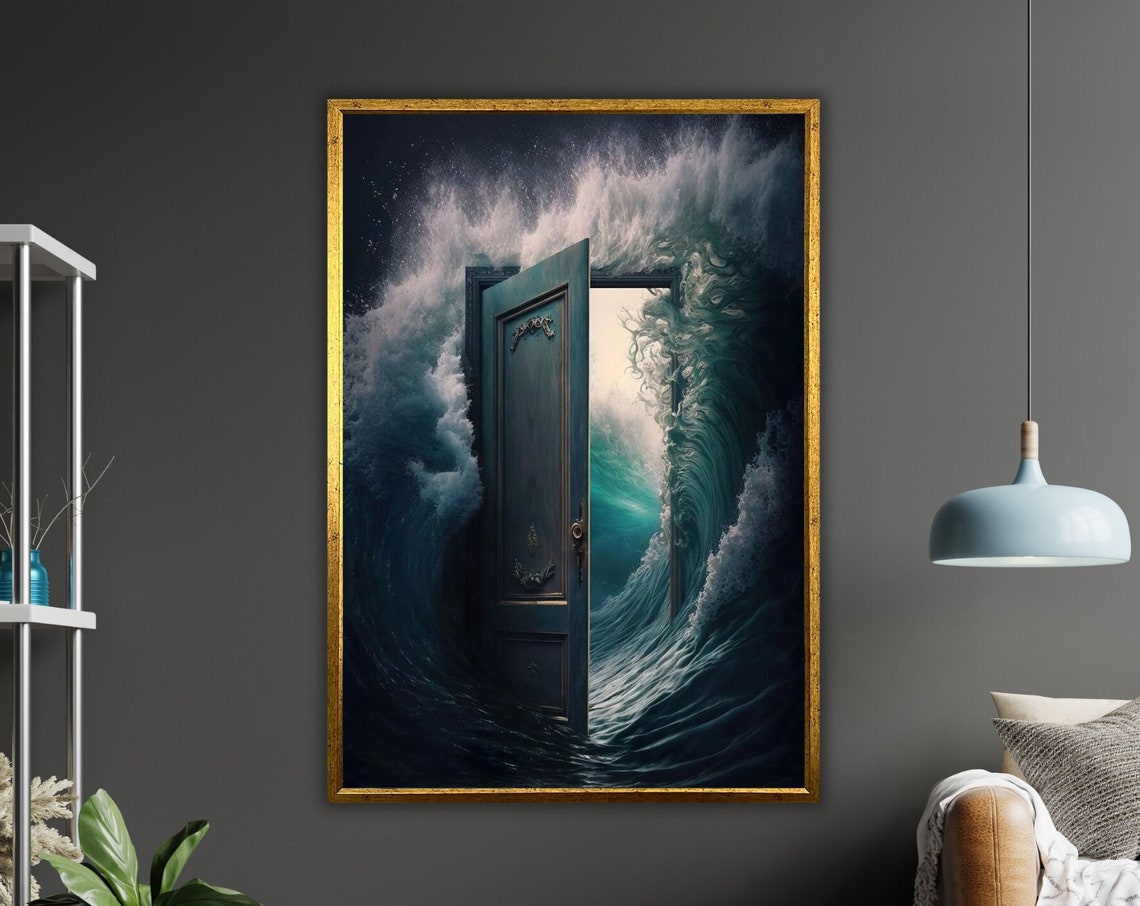 Mystery Door Giant Ocean Wave Surreal Teal Water Dreamscape Poster