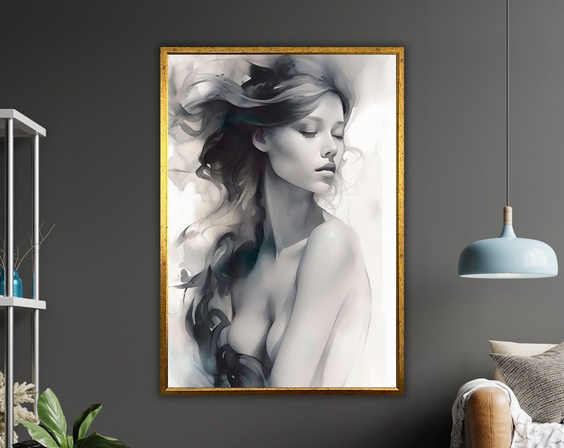Black and White Watercolor Woman Portrait Flowing Hair Art Poster