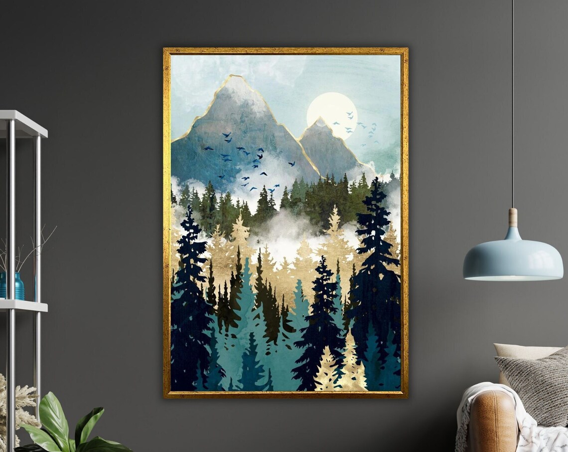 Misty Pines Art Print Ready To Hang Framed Wall Decor Nature Landscape Painting Forest Print