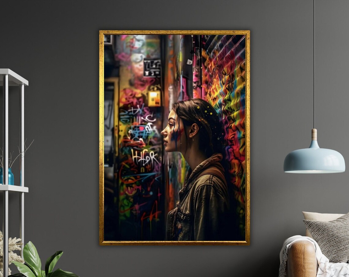 Woman Paint Splattered Face Graffiti Wall Alley Urban Art Poster