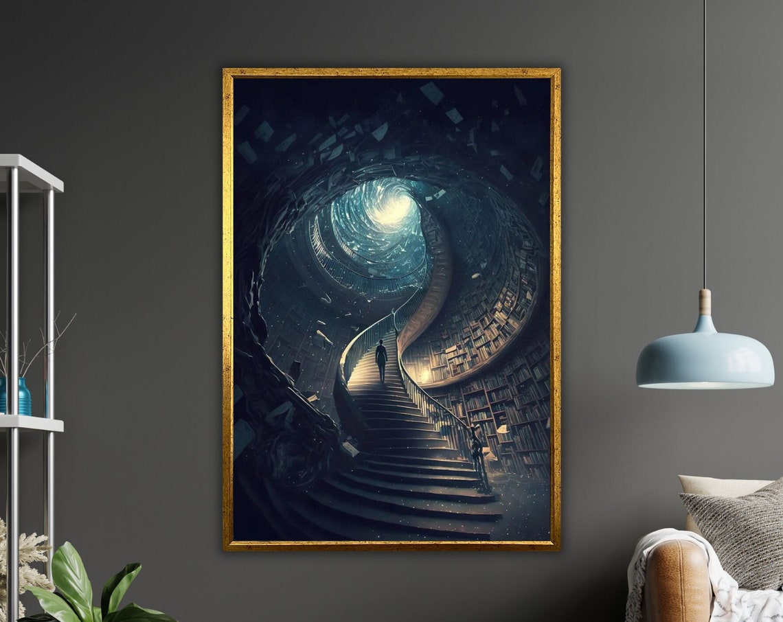 Endless Spiral Library Staircase Towering Bookshelves Fantasy Poster