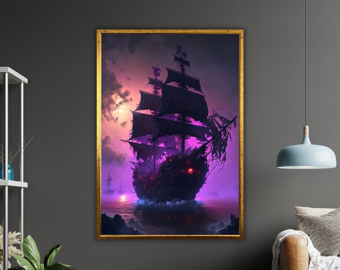 Ghost Pirate Ship Purple Moonlight Haunted Night Ocean Voyage Poster