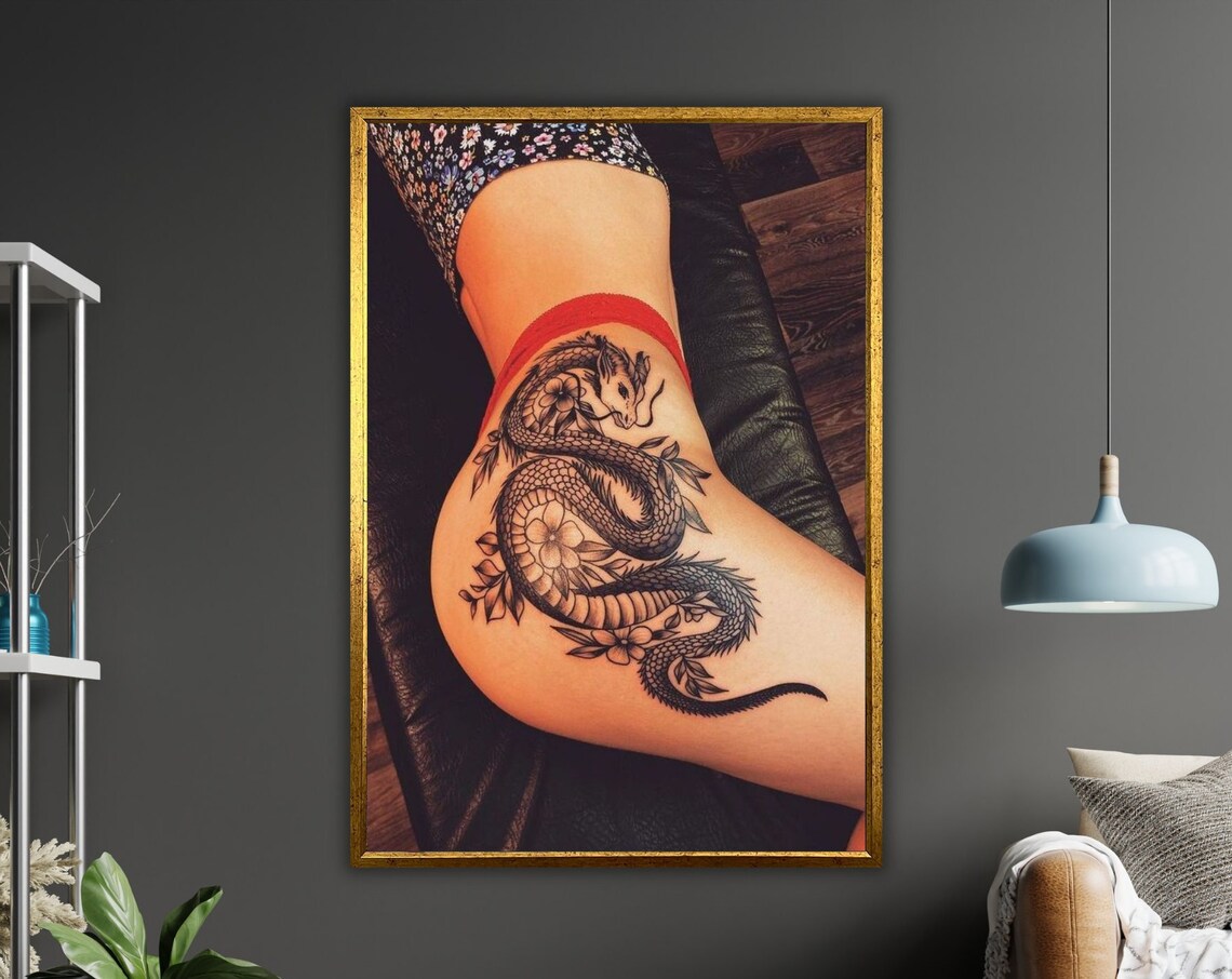 Sexy Woman With Dragon Tattoo Print Ready To Hang Framed Wall Decor Tattooed Lady Art