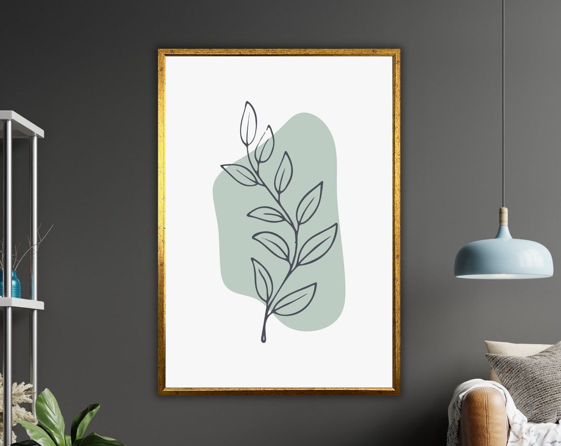 Minimalist Sage Green Leaf Branch Line Art Botanical Wall Poster