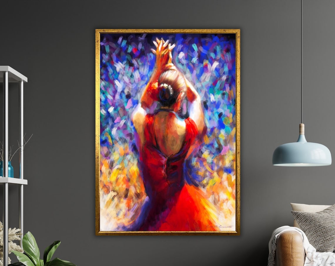Ballerina Red Dress From Behind Colorful Impressionist Dance Art Poster