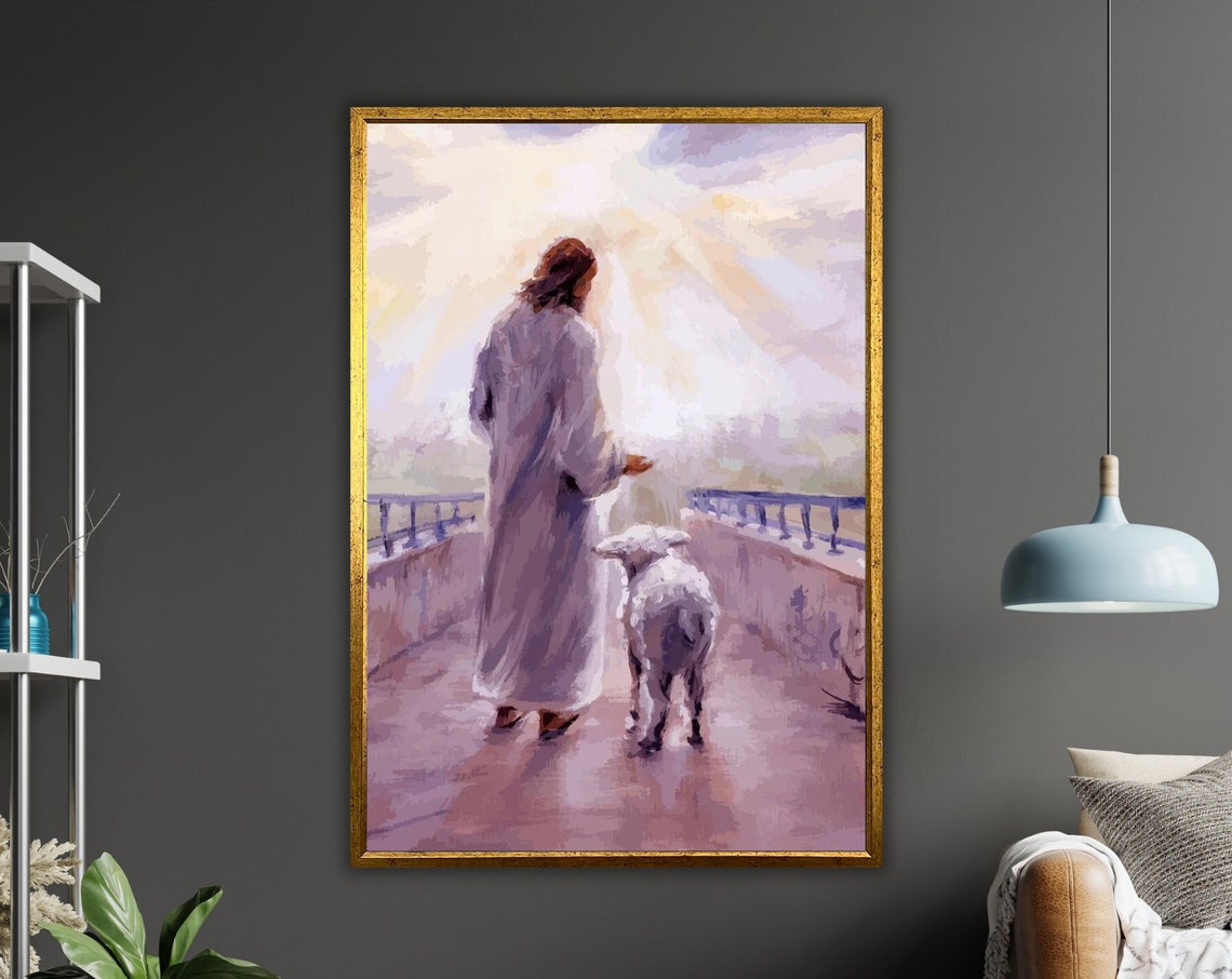 Jesus Walking With Lamb Soft Lavender Watercolor Peaceful Art Poster