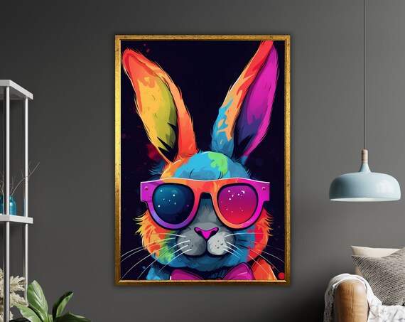 Neon Rainbow Rabbit With Sunglasses Pop Art Colorful Cool Bunny Wall Poster