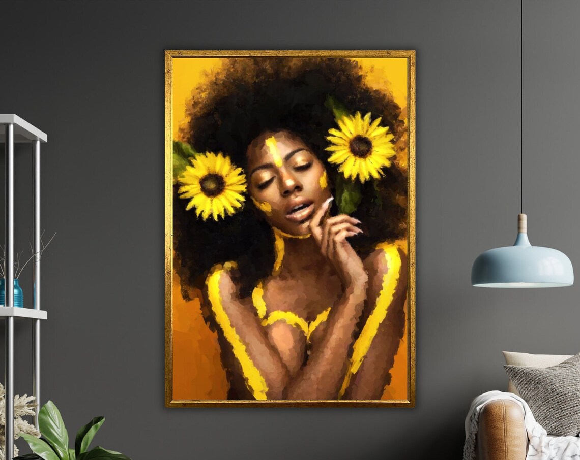 Golden Sunflower Woman Afro Hair Radiant Yellow Portrait Art Poster