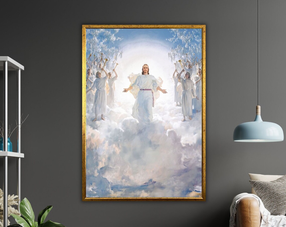Jesus Ascending Among Angels In Clouds Bright Christian Heaven Art Poster