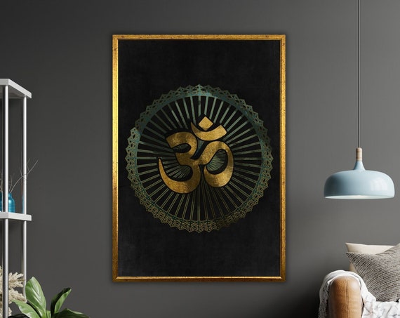 Golden Om Hindu Symbol Art Print Ready To Hang Framed Meditation Wall Decor