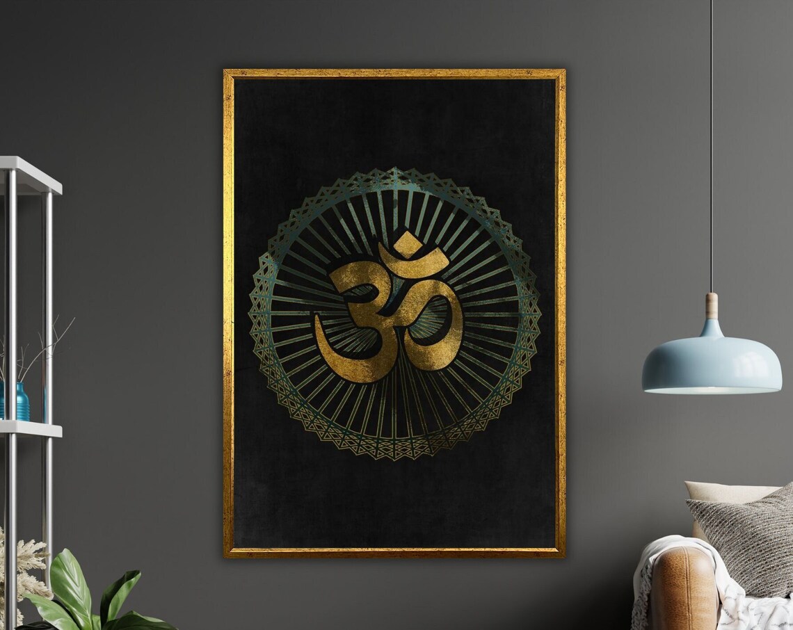 Golden Om Symbol Mandala Black Background Spiritual Meditation Poster