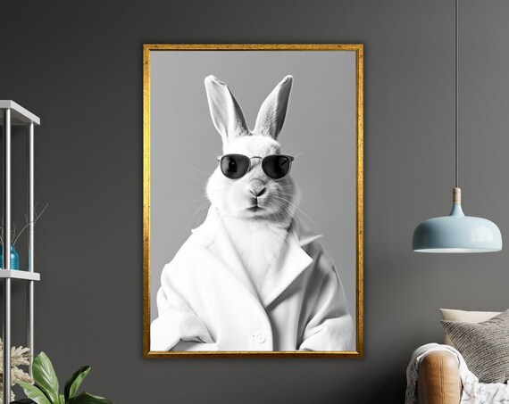 White Rabbit Wearing Sunglasses Black And White Cool Bunny Photo Poster