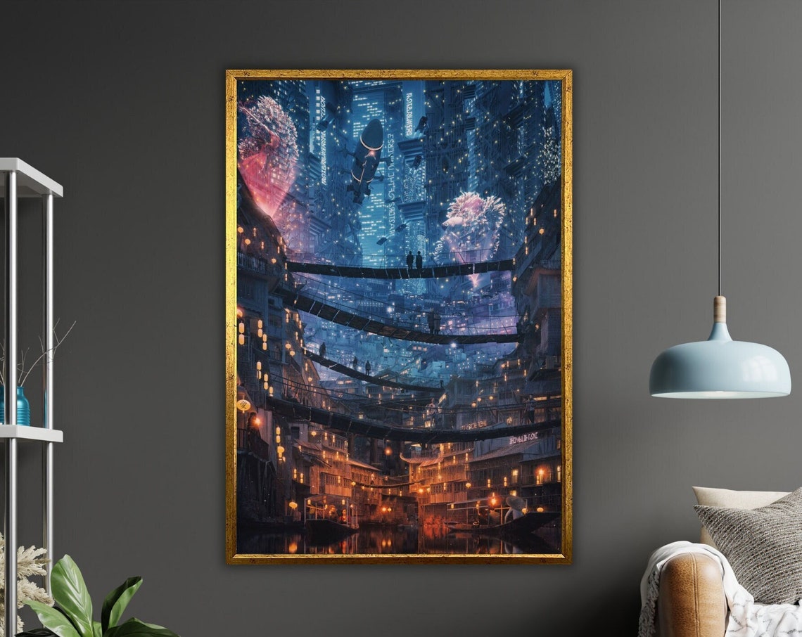 Cyberpunk City Night Bridges Neon Lights Cherry Blossom Sci Fi Poster