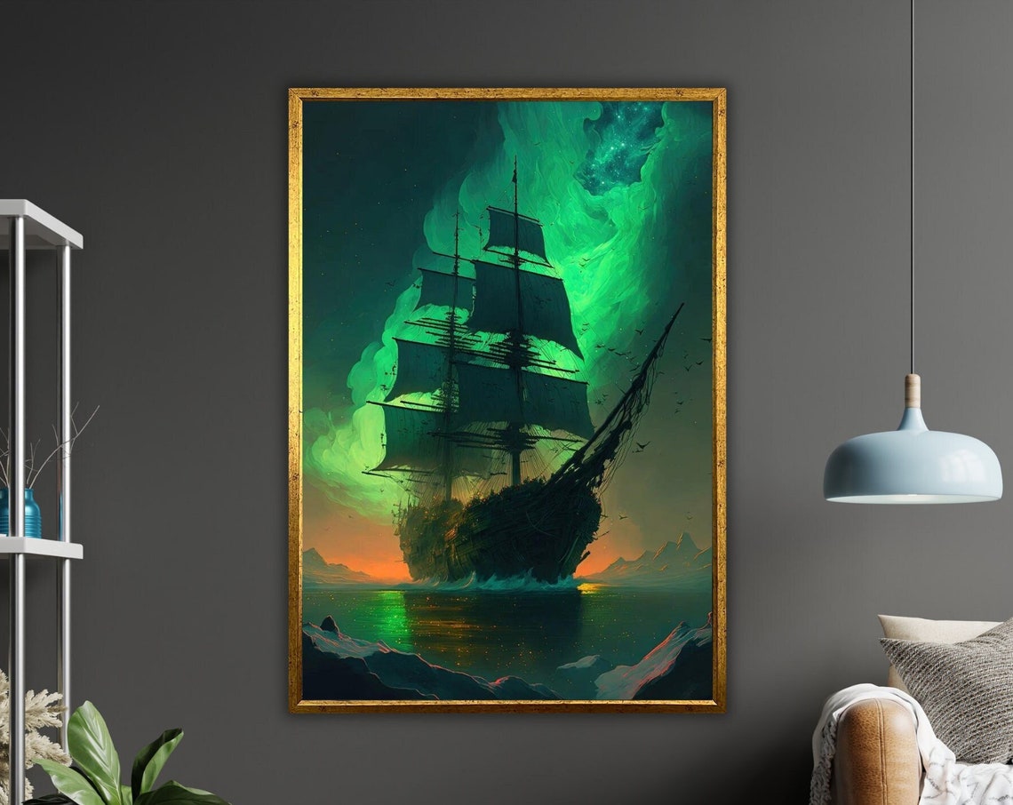 Tall Ship Northern Lights Aurora Arctic Night Voyage Ocean Poster