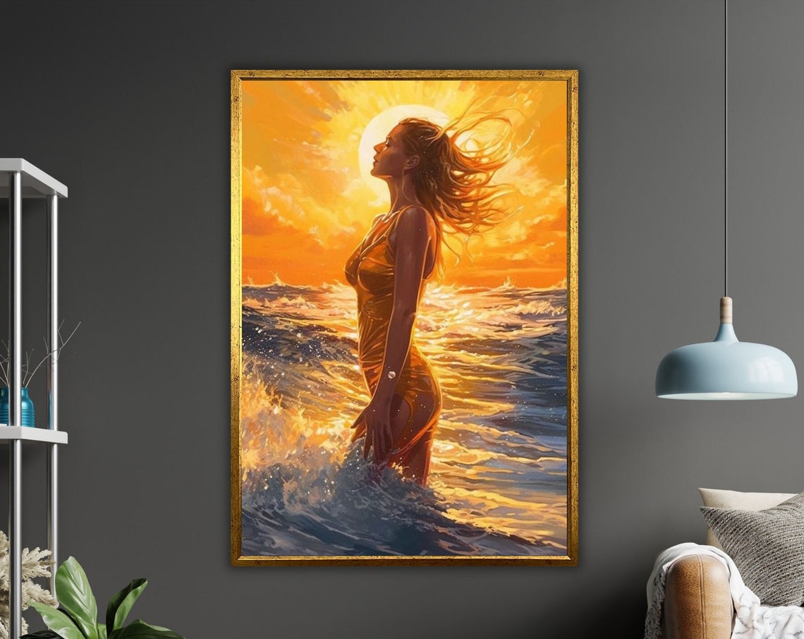 Woman in Ocean Waves Tranquil Golden Sunset Beach Art Poster
