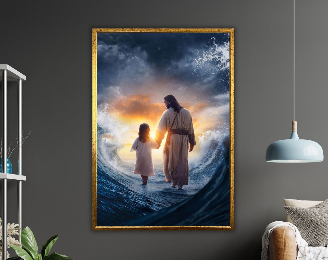 Jesus Child Walking Parted Sea Waves Sunset Dramatic Art Poster