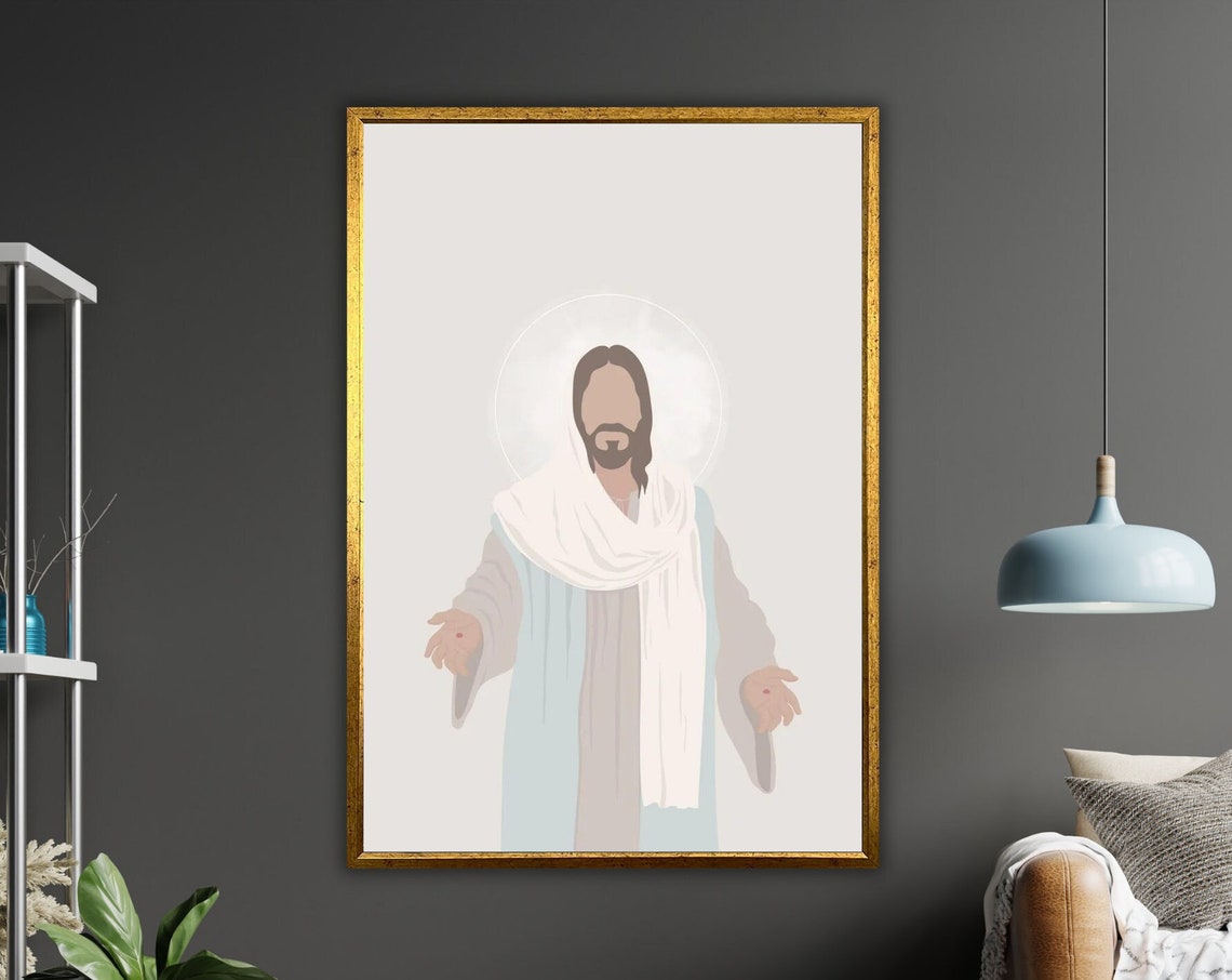 Minimalist Faceless Jesus White Robe Soft Neutral Christian Poster