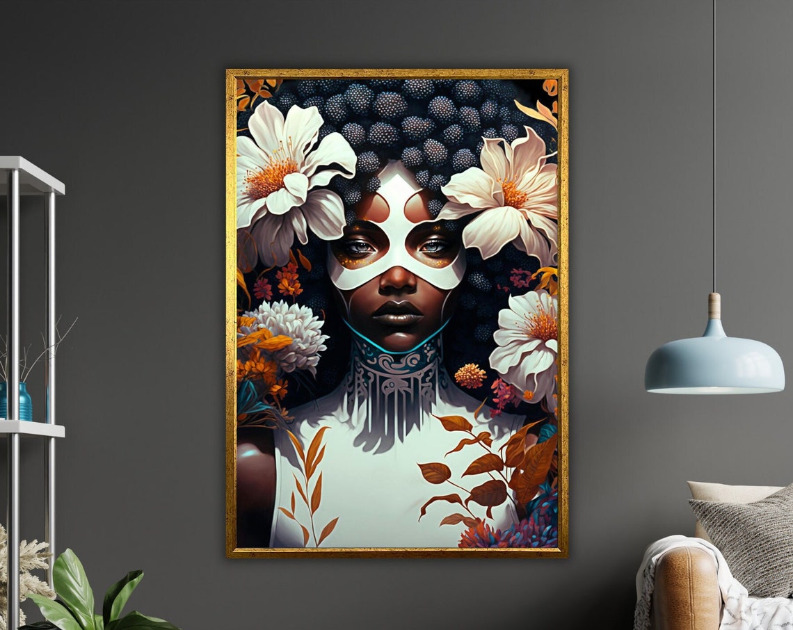 Tribal Face Paint African Woman Floral Afro Portrait Dramatic Wall Art