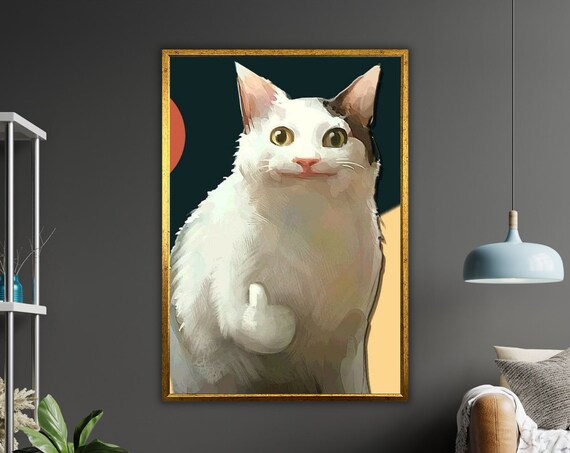 White Cat Giving Middle Finger Funny Meme Portrait Smug Kitty Wall Poster