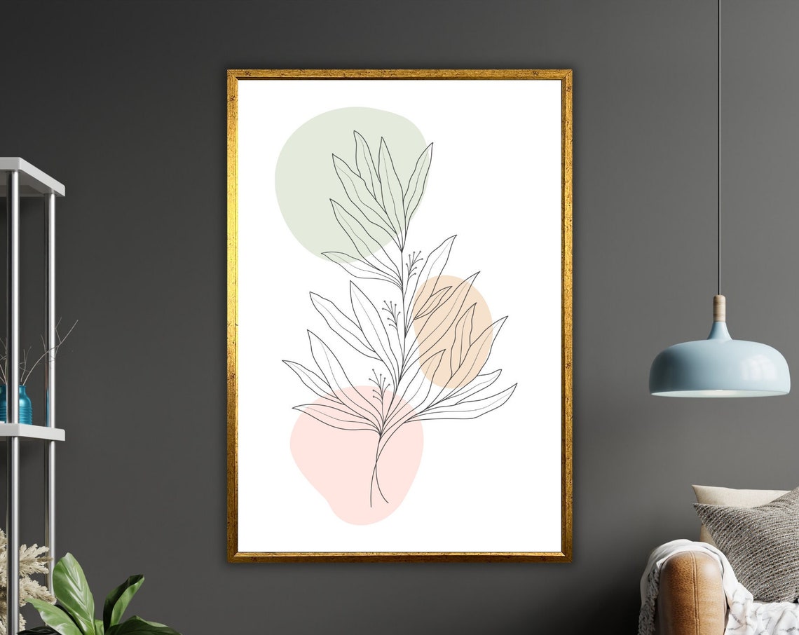 Leafy Branch Line Art Minimalist Botanical Pastel Decor Poster