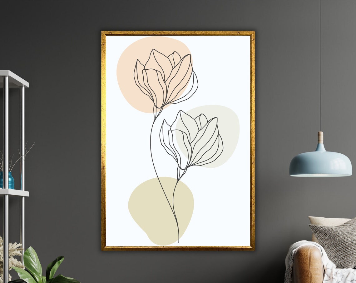 Minimalist Twin Flowers Line Art Beige Botanical Decor Poster