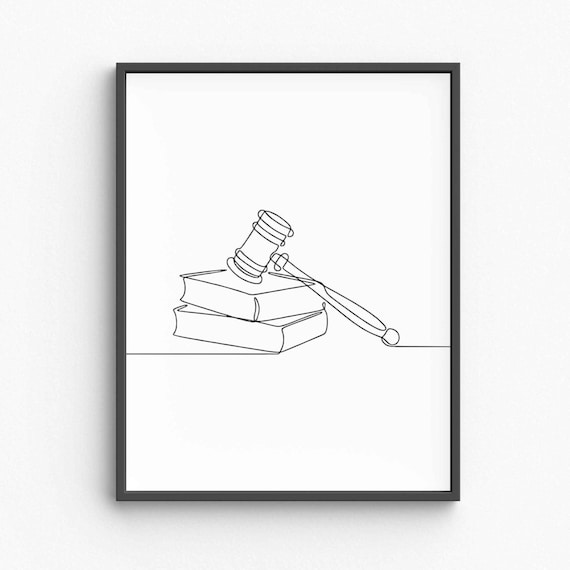 Minimalist Justice Gavel Line Art Judge Symbol Drawing Law Book Sketch Legal Office Decor Courtroom Wall Poster