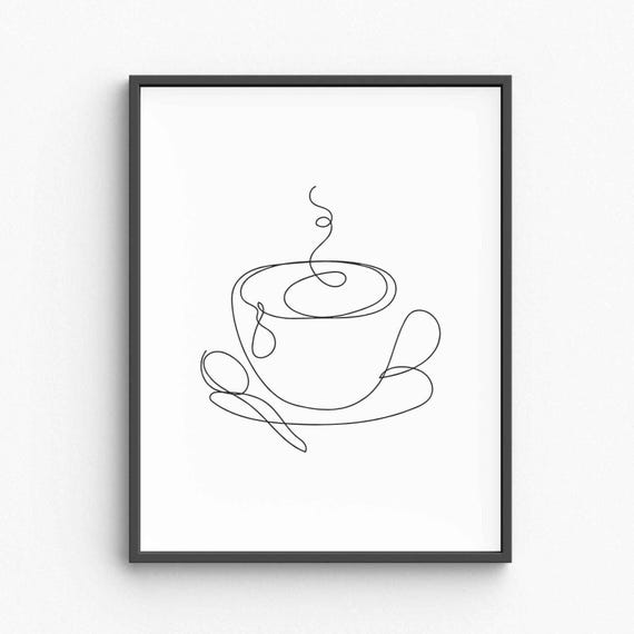 Minimalist Coffee Cup Line Art Hot Print Black White Drawing Kitchen Decor Poster Illustration
