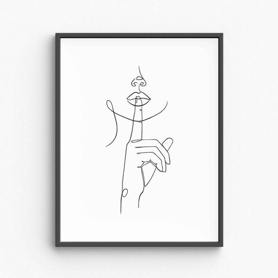 Minimalist Woman Shhh Line Art Poster, Black White