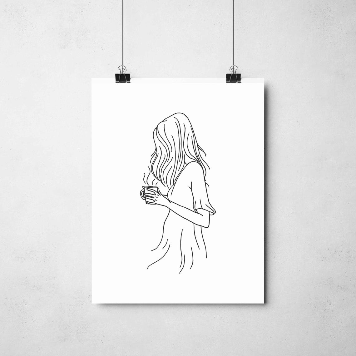 Minimalist Woman With Coffee Line Art Sad Girl Illustration Moody Female Drawing Black White Emotional Print Cozy Mental Health - Image 2