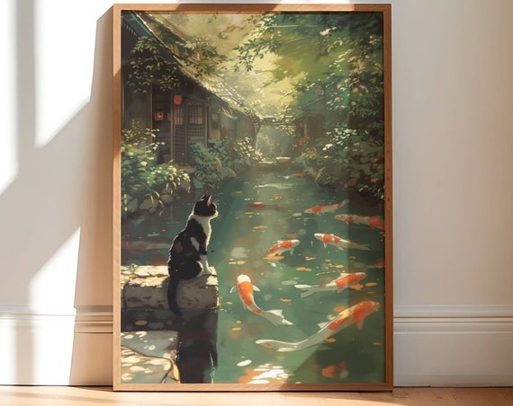 Cat and Koi Pond Cat Art Print, Cats & Wildlife