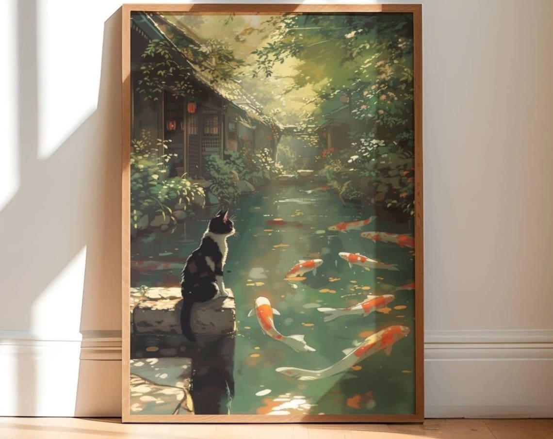 Cat and Koi Pond Cat Art Print, Cats & Wildlife
