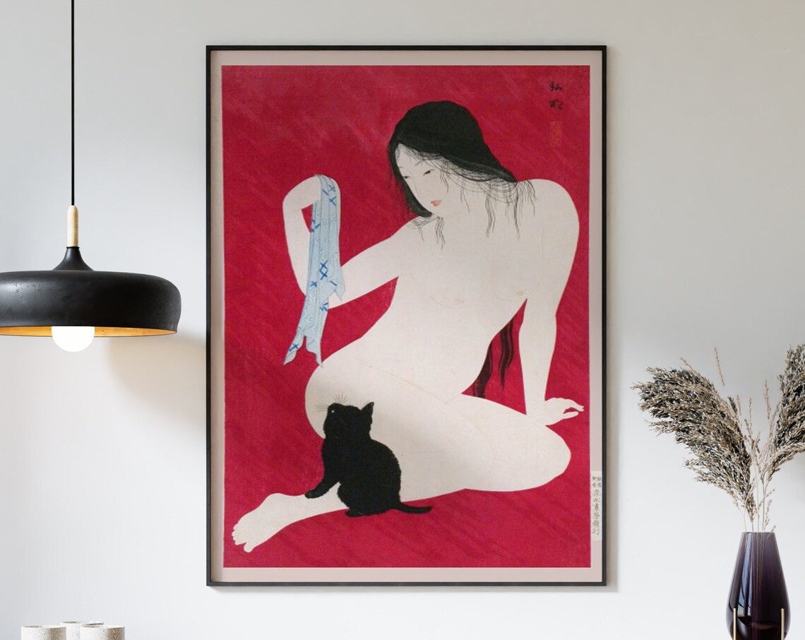 Vintage Japanese Red Background Woman With Black Cat Figure Poster - Image 3
