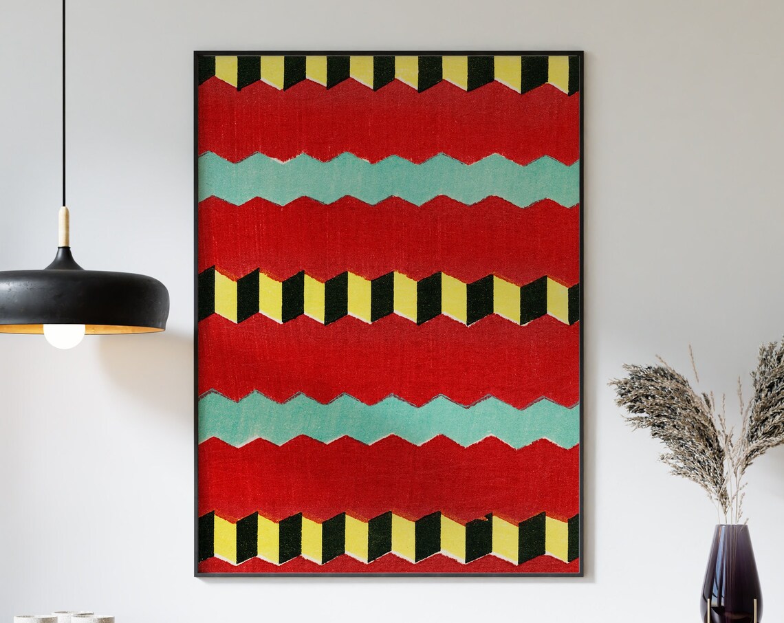 Japanese Woodblock Geometric Zigzag Pattern Red Teal Art Poster