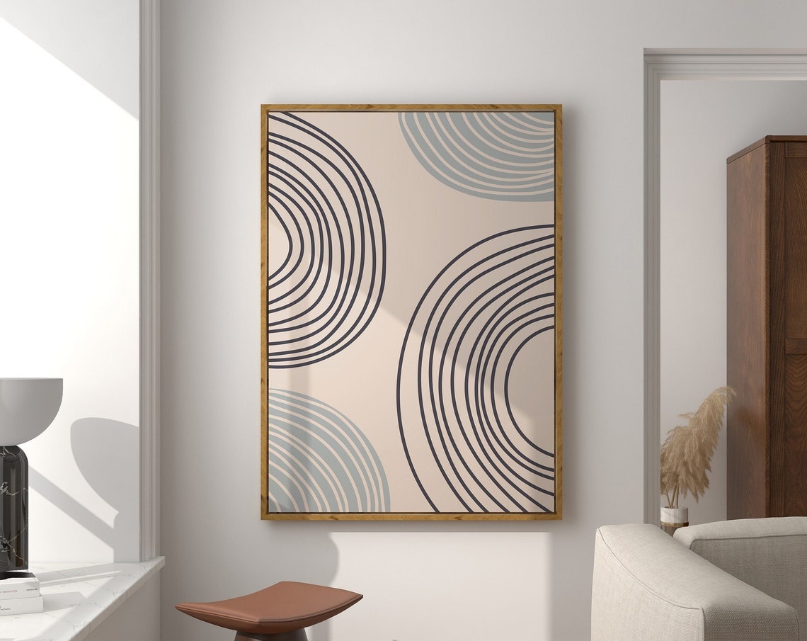 Beige Black Blue Concentric Arc Lines Minimalist Artwork Poster