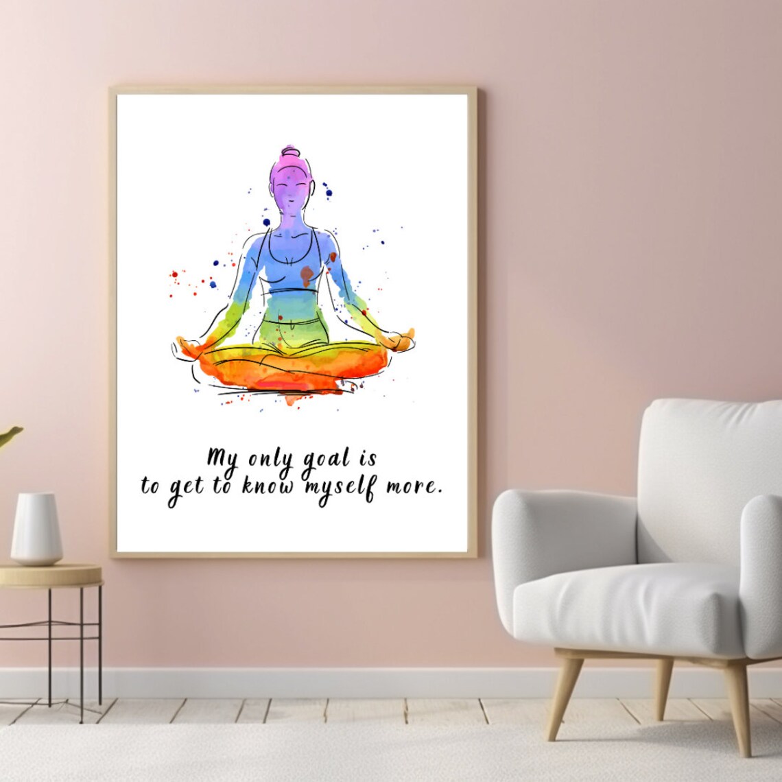 Rainbow Watercolor Meditating Woman Mindfulness Quote Inspirational Poster - Image 3