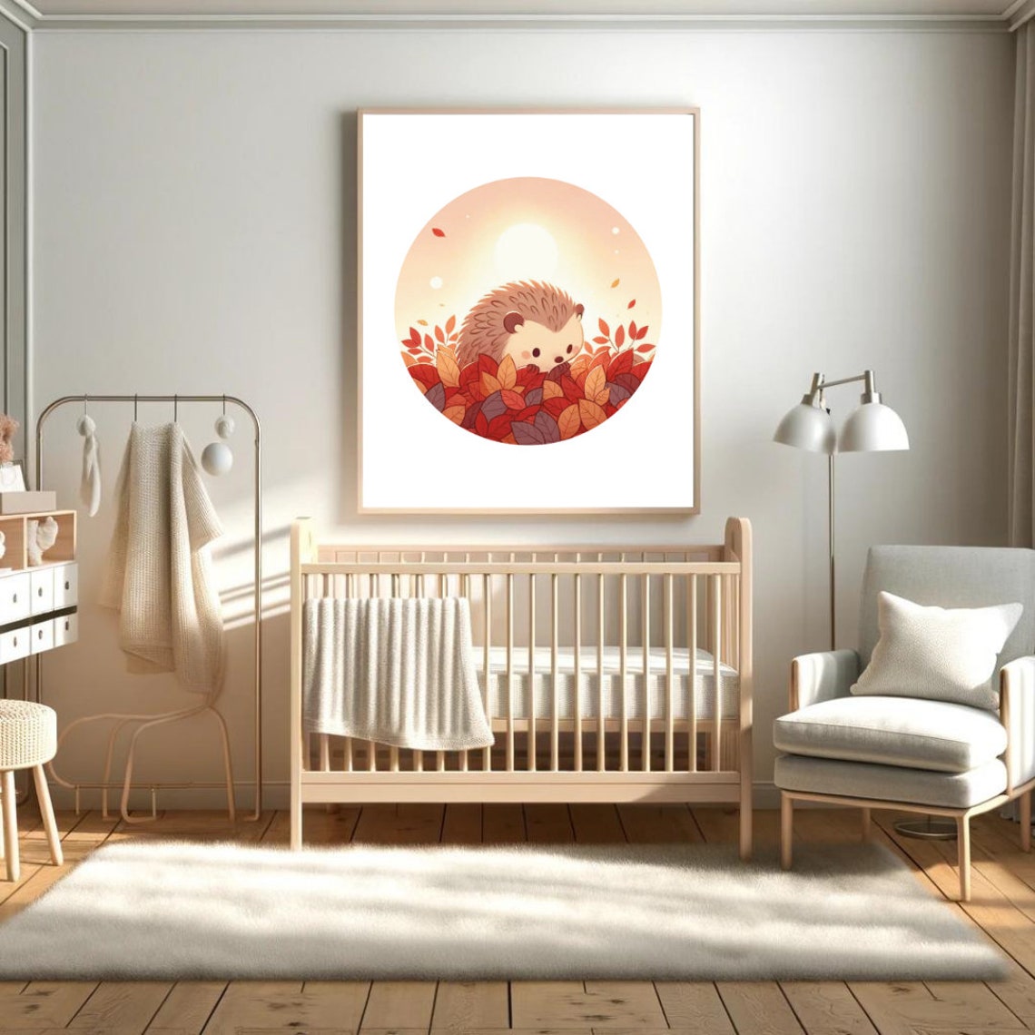 Baby Hedgehog Autumn Leaves Cozy Fall Circle Cute Nursery Wall Art - Image 4