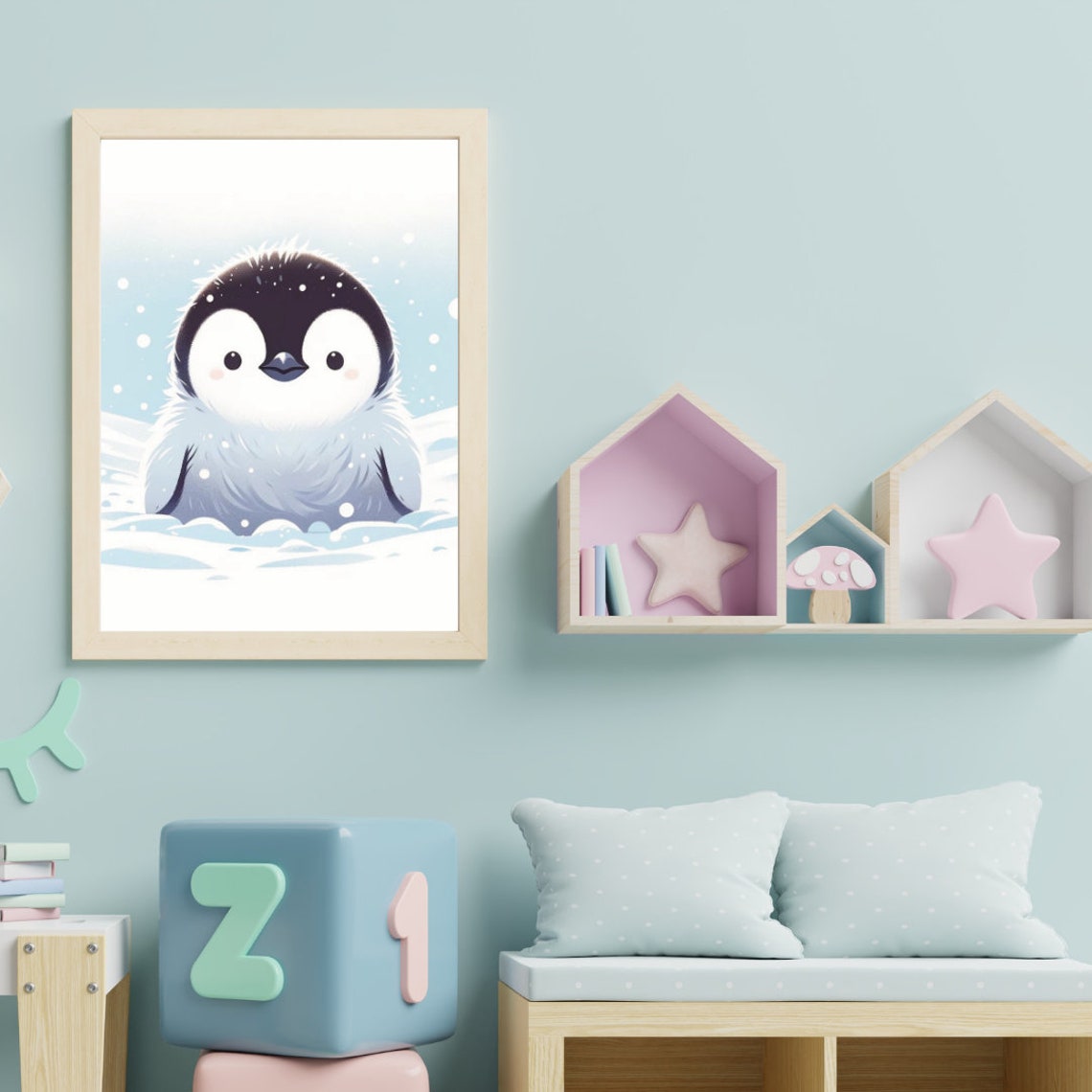 Baby Penguin Snowflakes Cute Fluffy Chick Winter Nursery Kids Print - Image 4