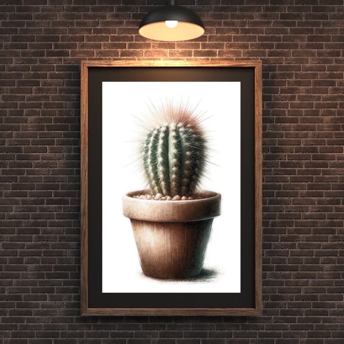Round Barrel Cactus Terracotta Pot Textured Watercolor Poster