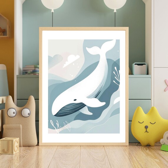 Soothing Whale Nursery Print Gentle Ocean Giant Art Serene Sea Themed Decor Peaceful Whale In Soft Blues