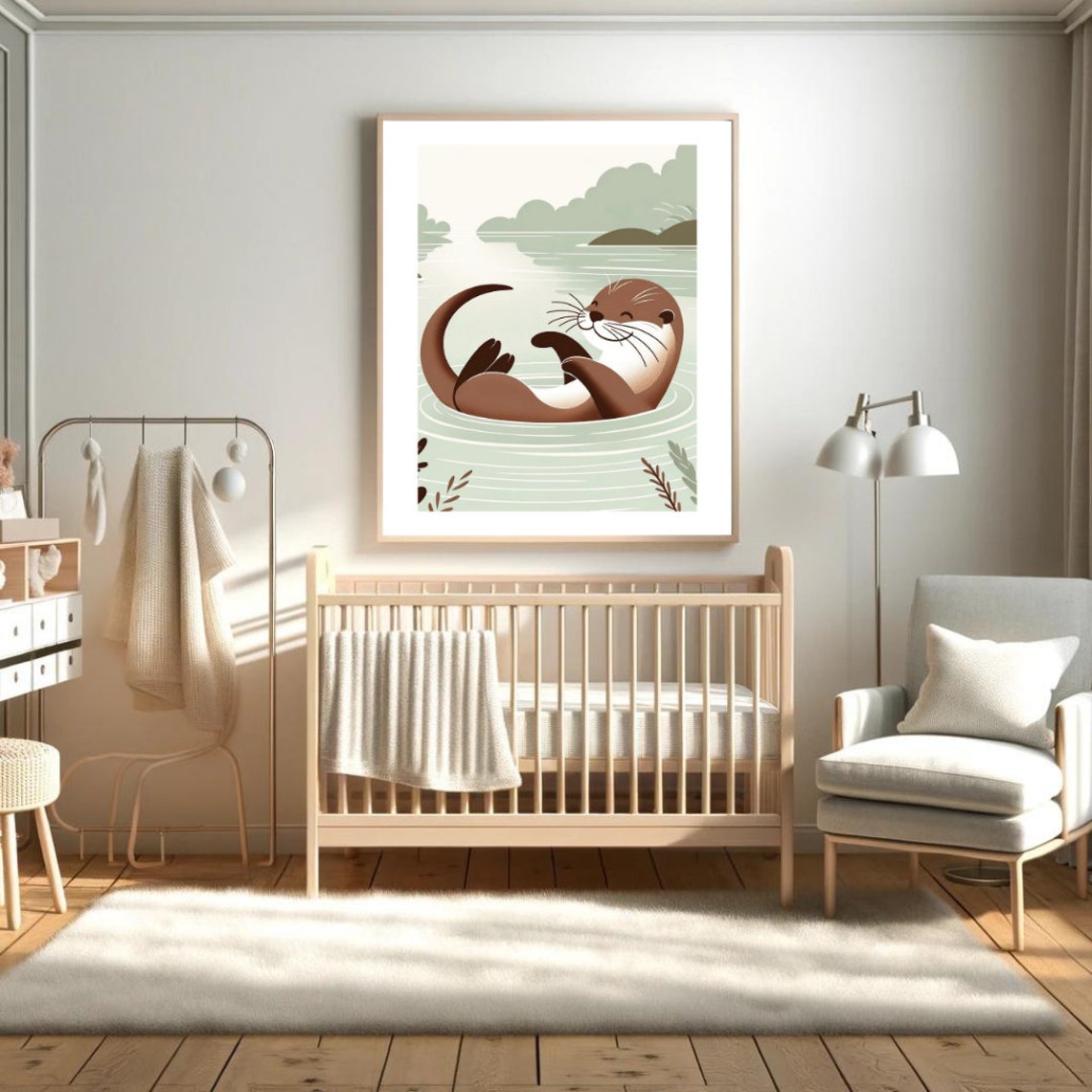 Playful Otter Floating River Nursery Illustration Calm Green Poster - Image 4