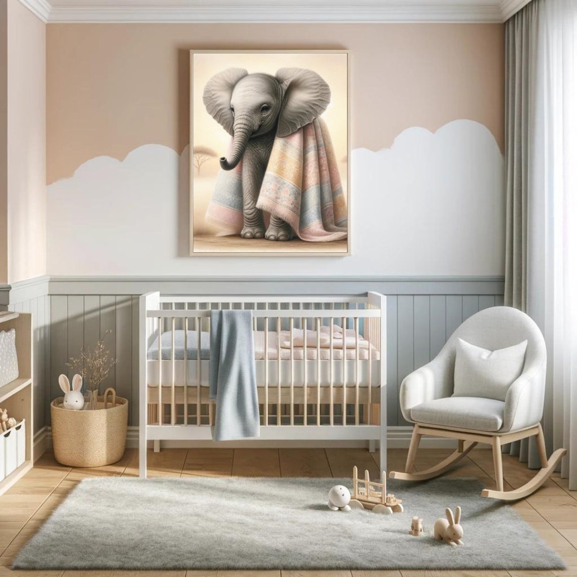 Baby Elephant Wrapped In Pastel Blanket Savanna Nursery Poster - Image 2
