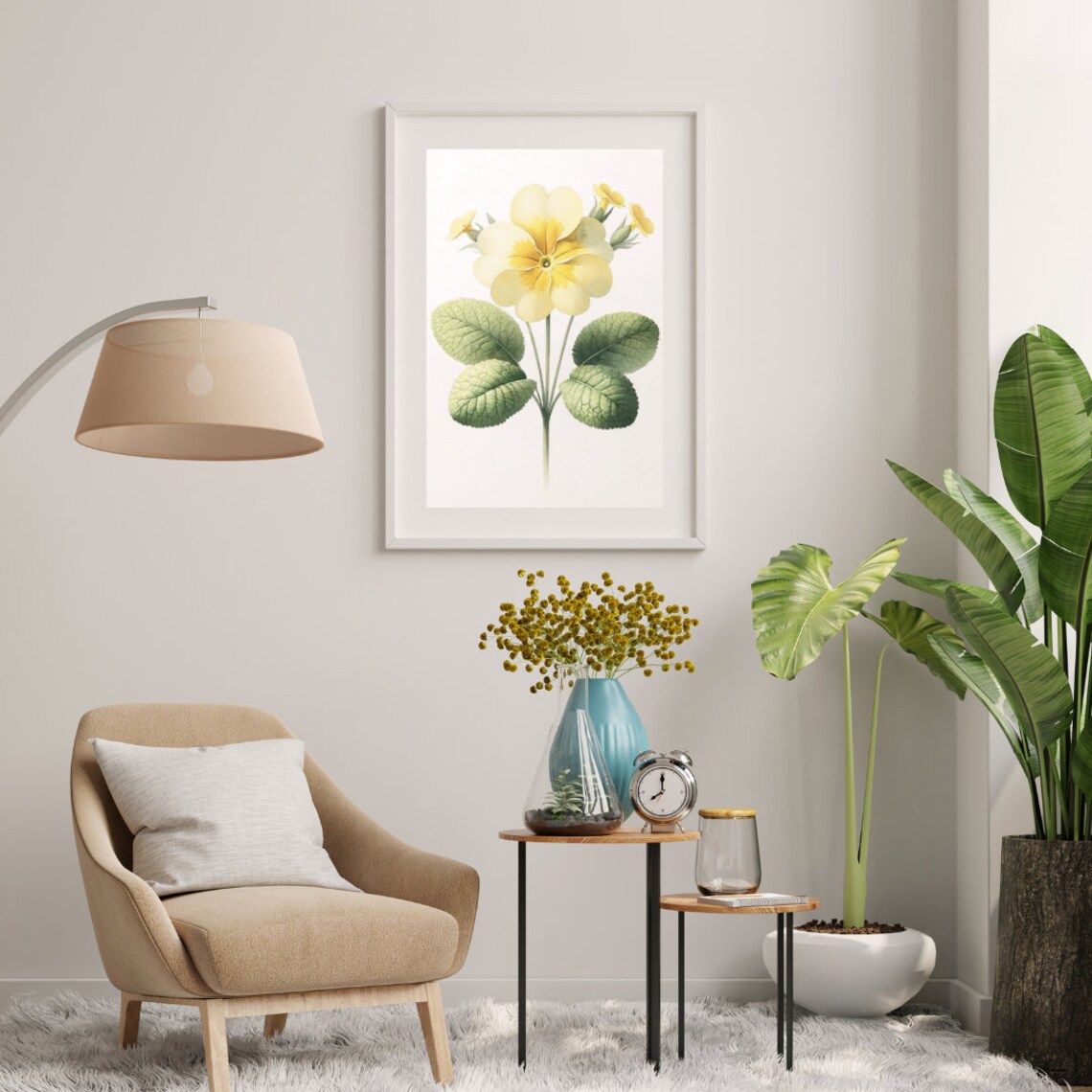 Yellow Primrose Blooms Green Leaves Botanical Watercolor Poster - Image 3