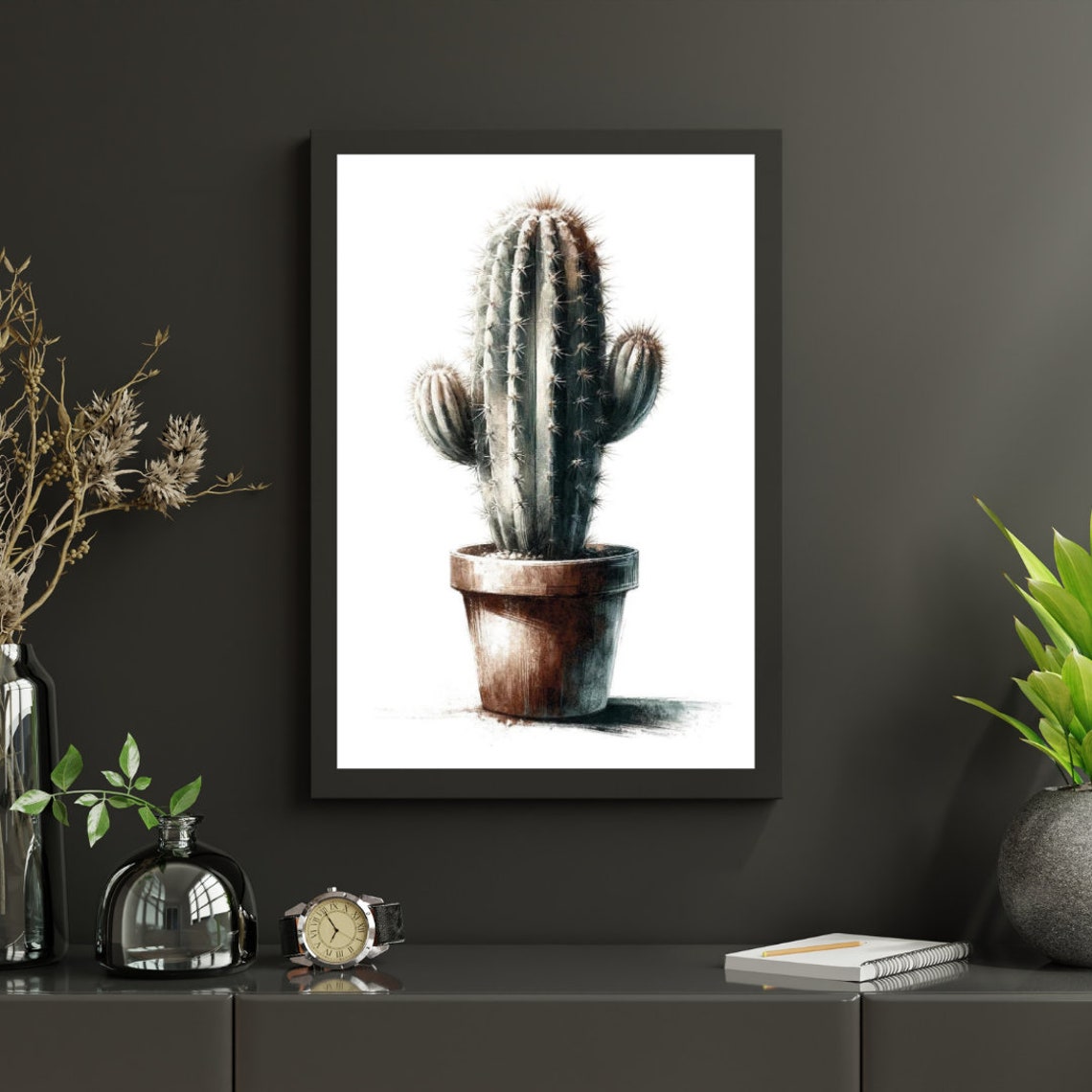 Tall Columnar Cactus Rustic Pot Natural Watercolor Art Poster - Image 4