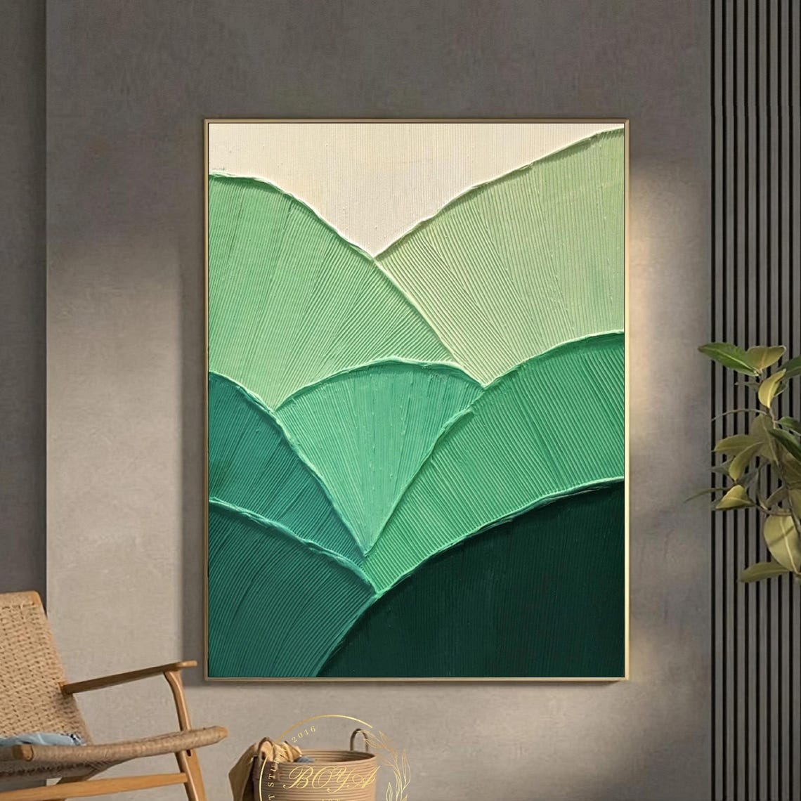 Green Gradient Ridged Leaves with Impasto Texture Abstract Poster
