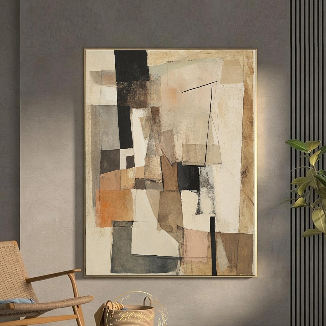 Calm Beige Wabi Sabi with Black Ink Lines Abstract Art Poster