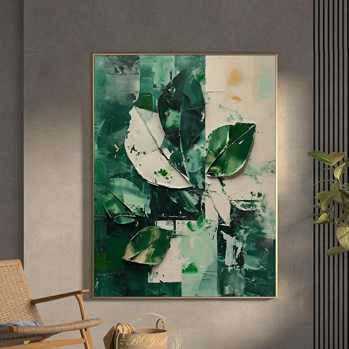 Green and White Textured Leaf Abstract 3D Impasto Artwork Poster