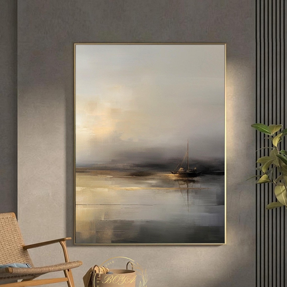 Sailboat Abstract Art Beige Abstract Painting Original Seascape Painting Beige Textured Art Large Minimalist Wall Art Gold Abstract Painting