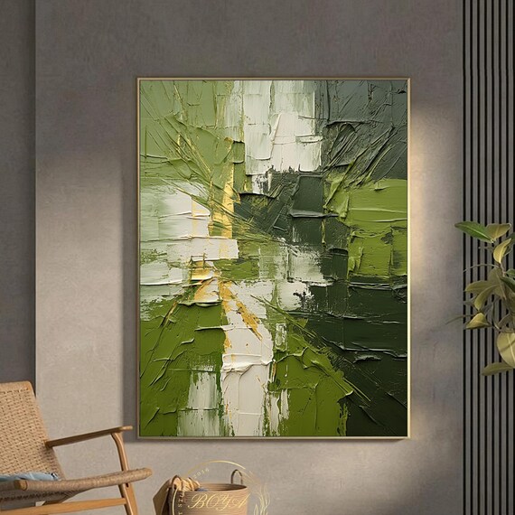 Green 3d Textured Art Original Green Oil Painting Green Abstract Art Modern Green Texture Painting Large Green Wall Art Yellow Textured Art